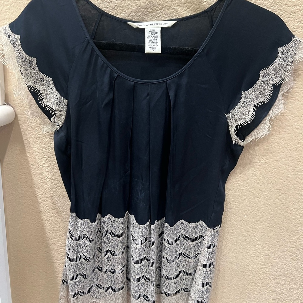 Diane Von Furstenberg Navy Blouse with White Lace Trim